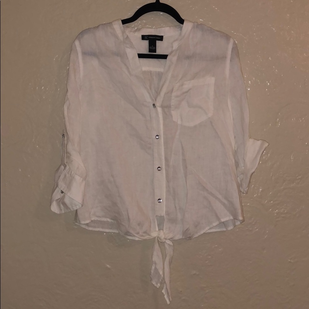 White lien tie front, button up shirt.